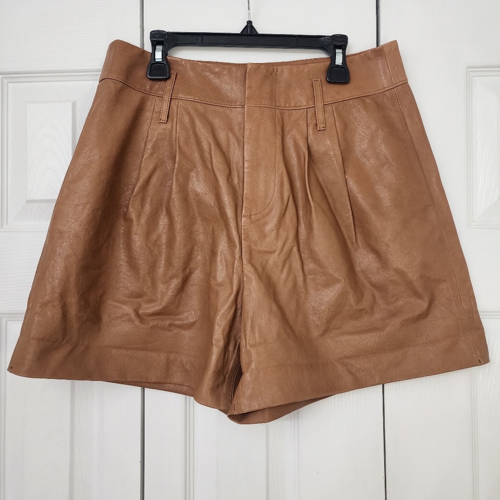 FRAME Womens High Waist Paperbag Leather Shorts In Camel Size 27 MSRP $598